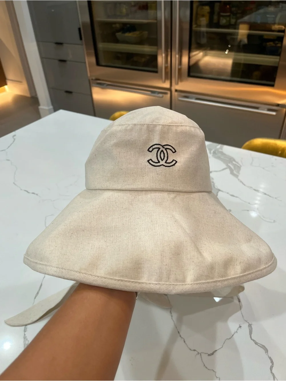 Cream Wide-Brim Canvas Sun Hat with Black CC Embroidery